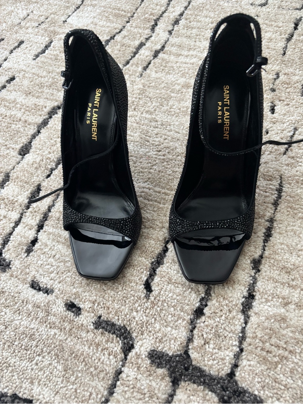 Saint Laurent Black Crystal Square-Toe Ankle-Strap Pumps